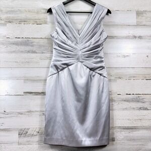 London Times Cocktail Dress Women 10 Silver Ruched V-Neck Satin Glam Old Money